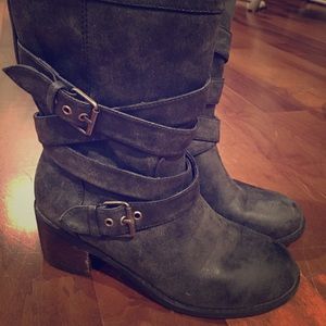Gray chunky heel boots